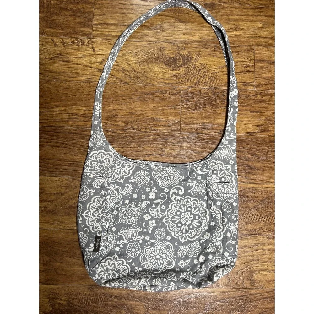 Thirty One Gray Floral and Paisley Reversible Crossbody/Shoulder Hobo Bag